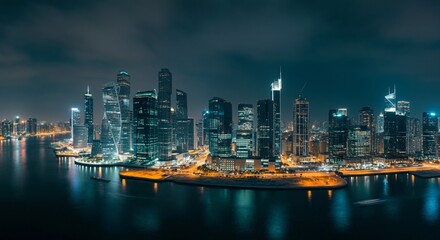 Obraz premium A panoramic view of a city skyline at dusk with glowing lights reflecting on the water
