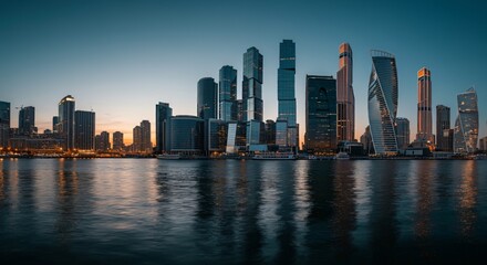 Fototapeta premium A panoramic view of a city skyline at dusk with glowing lights reflecting on the water