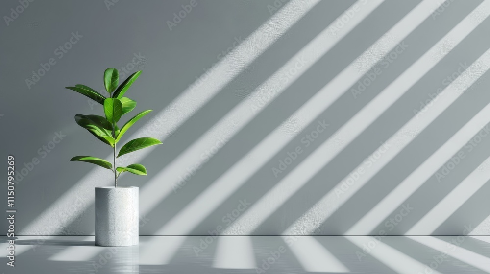 Wall mural Explore a sleek modern gallery featuring luminous rectangular panels, a concrete column, and a chic green plant for minimalism.