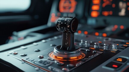 A detailed image of a flight control stick in the cockpit of a small private airplane 
