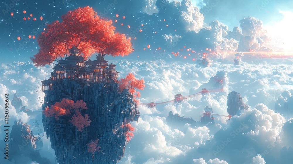Poster enchanted floating island with lush trees and ethereal clouds