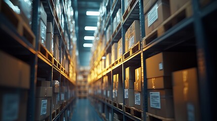Warehouse Aisle with Stacked Boxes in Soft Lighting