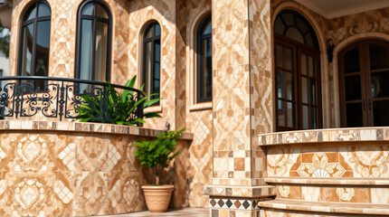 A beige-toned building exterior with patterned tile work, featuring arched windows and a small balcony with an ornate metal railing.  Potted plants add a touch of green. Steps lead down from the porch