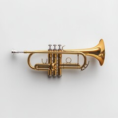 Fototapeta premium A gleaming brass 3D trumpet with detailed valves and a flared bell, positioned horizontally on a plain white background.