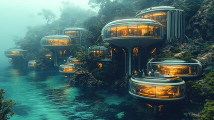 Futuristic floating homes nestled in lush greenery by a serene body of water.