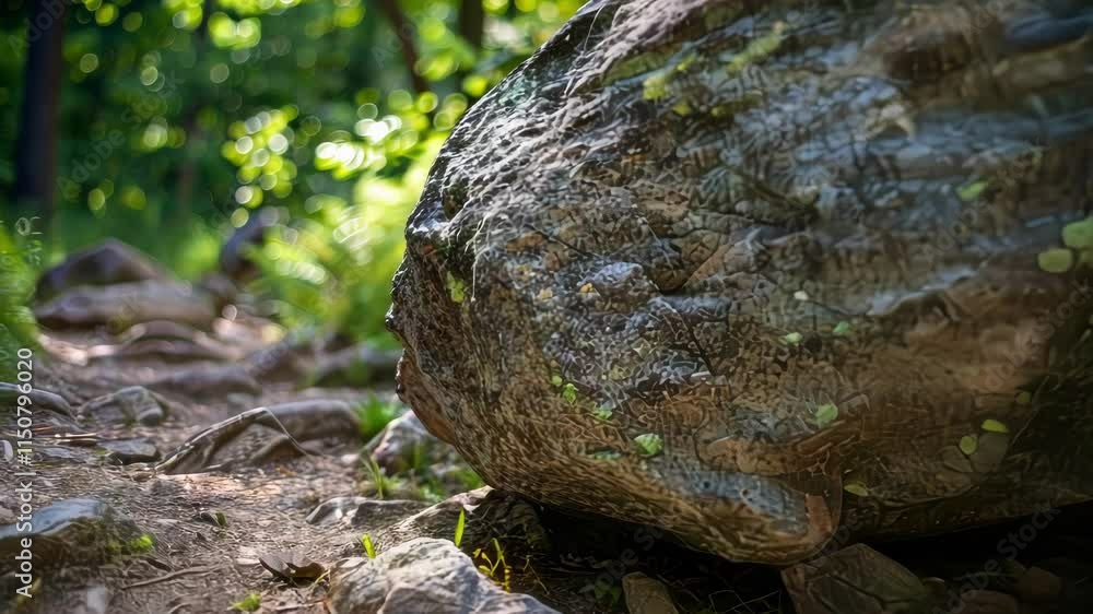 Poster a large boulder resting on the trail requiring hikers to carefully navigate around it much like part