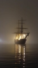 Fototapeta premium Lit sailing ship in foggy water at night.