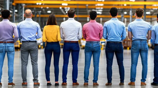 Diverse group of men walking together in industrial interior setting