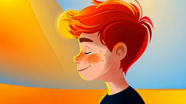 A thoughtful boy with red hair and freckles enjoys a sunny summer day, basking in warmth and joy, illustrated in a cartoon style.