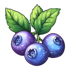 Three juicy blueberries with green leaves.