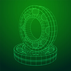 Roller bearing. Circular round rotating bearings used in industry for heavy equipment mechanical work and engineering. Wireframe low poly mesh vector illustration.