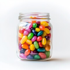 A glass jar filled with colorful jelly beans on a white background
