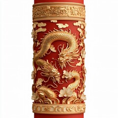 A stunning decorative column featuring gold dragons and floral patterns in rich red, perfect for Lunar New Year celebrations, cultural events, or luxury decor.
