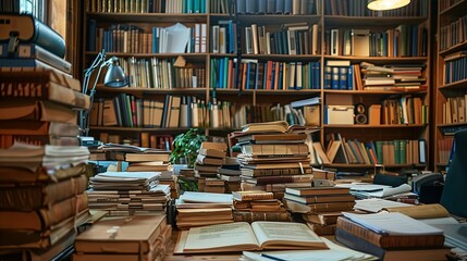 Fototapeta premium Overwhelmed Scholar's Desk: Stacks of Books and Papers in a Study