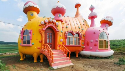 Whimsical neighborhood filled with delightful homes shaped like colorful candy confections
