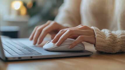 Woman's Hands Using a Wireless Mouse on a Laptop