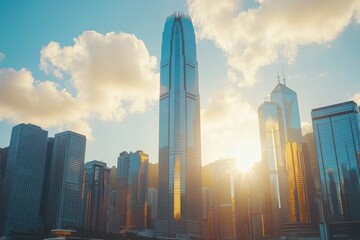 Golden Hour Over Urban Skyline: Towering Structures Bathed in Soft Light with Clouds Surrounding a Majestic City Crown of Architectural Wonders