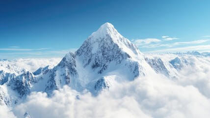 Fototapeta premium Snow-capped mountain peak surrounded by clouds under clear blue sky