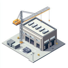 A Modern industrial warehouse with crane and construction materials