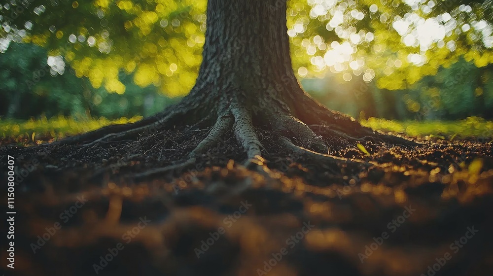 Poster a close-up view of a tree trunk and its roots, illuminated by soft sunlight.