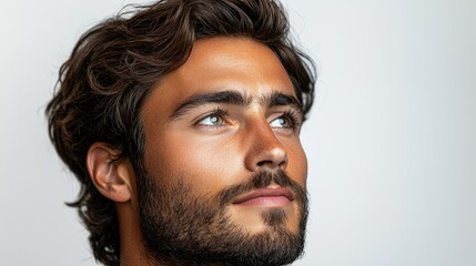 Obraz premium A close-up portrait of a man with wavy hair and a thoughtful expression.
