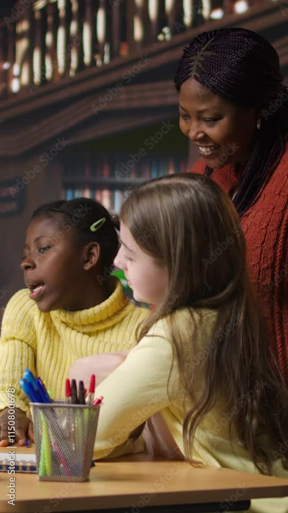 Poster vertical video elementary school pupils and tutor attend a live online course lesson from the librar