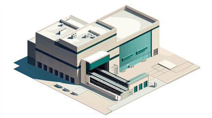 A Modern industrial warehouse with loading dock and large windows, showcasing clean design and efficient layout