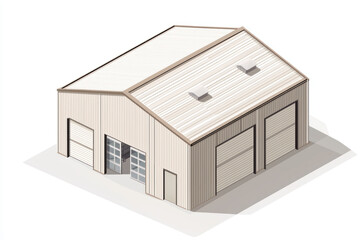 A simple industrial warehouse with metal exterior and large doors, showcasing modern architecture and functionality