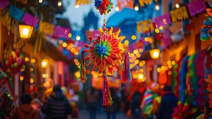 Fototapeta premium Vibrant, multicolored papel picado and star-shaped pi?ata hanging in a festive, illuminated street.