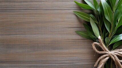 Bay leaves tied with twine on wooden background, showcasing fresh, green herbs