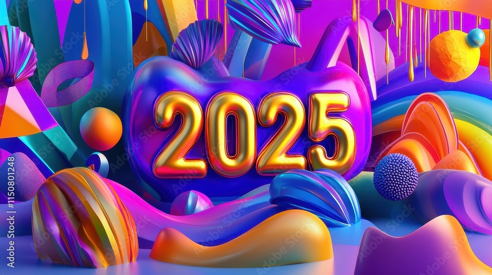Poster vibrant 3d design for new year 2025 with bold metallic text in colorful abstract composition