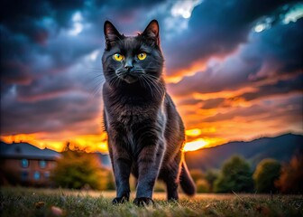 Obraz premium A stunning night photograph: a majestic black cat's silhouette, captured by drone, stands tall.