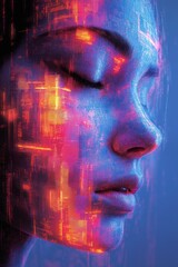A futuristic, glitch-inspired poster with fragmented digital elements, pixelated patterns, and glowing neon lines. 