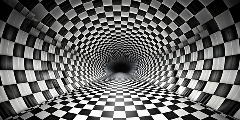 A surreal, panoramic optical illusion: concentric circles within a black and white checkered tunnel. Abstract art.