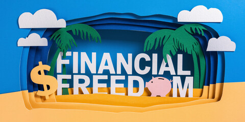 Layered paper-cut tropical design with Financial Freedom text, palm trees, clouds, and a piggy bank on a sunny beach, representing wealth and financial aspirations.
