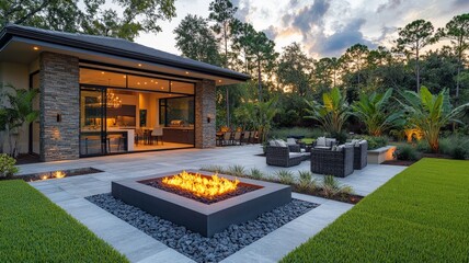 a patio, fire pit and outdoor kitchen area in the back yard of a florida home