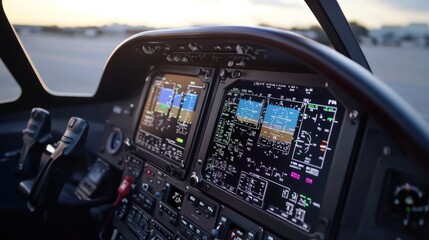 A close-up shot of an airplane's control panel, with instruments and digital screens visible during flight 