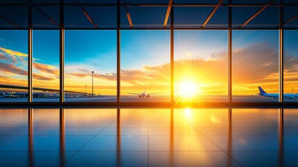 Modern Airport Interior View with Stunning Sunset and Airplanes through Glass Windows