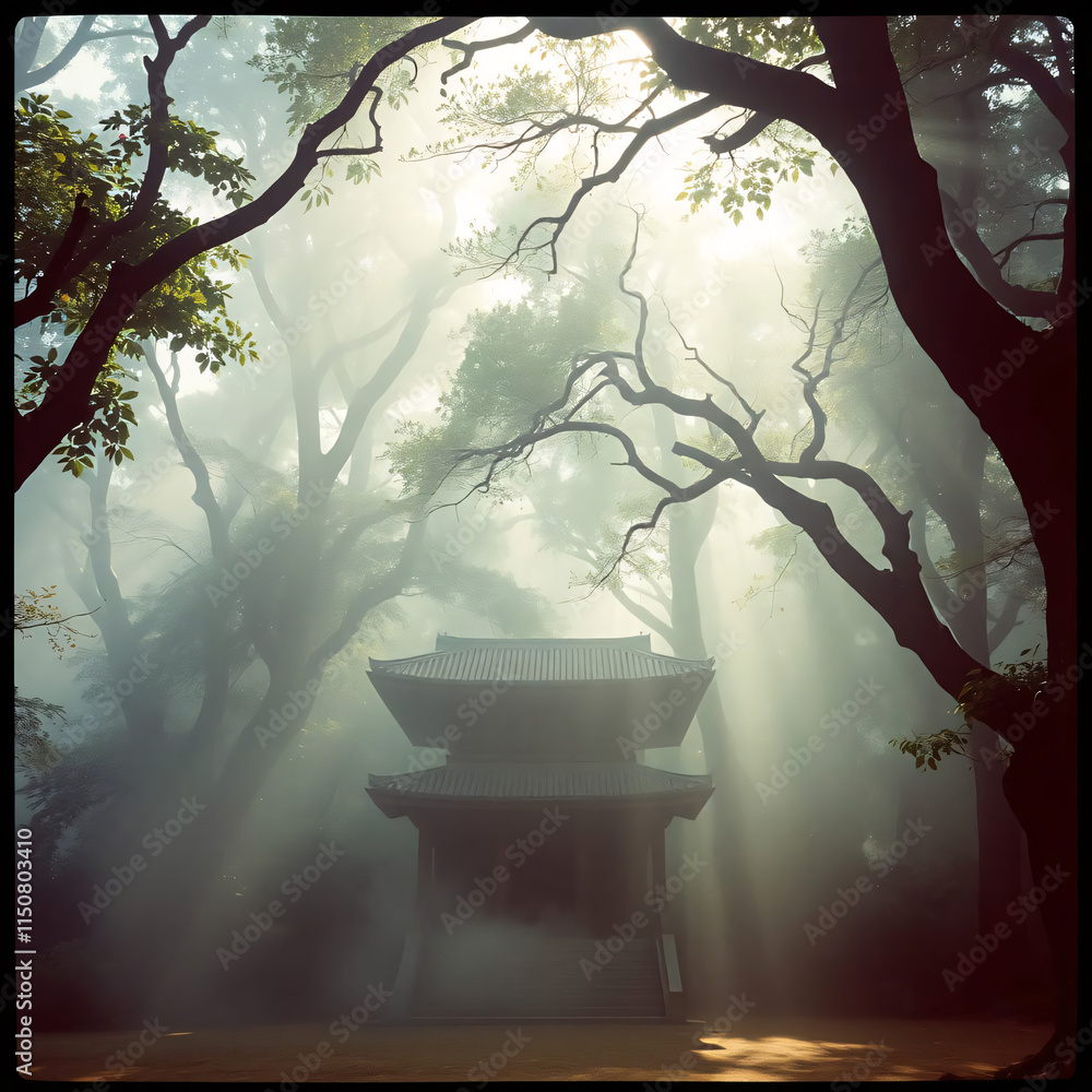 Poster a temple shrouded in mist, framed by ancient trees in a serene forest setting. light filters through