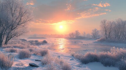 A frozen tundra with icy ground, sparse vegetation, and a pale winter sun low in the sky.
