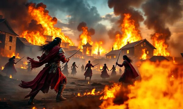 Attack of medieval warriors on village of city arson of houses and buildings