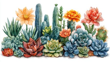Fototapeta premium Colorful Succulent Arrangement with Cacti and Vibrant Flowers
