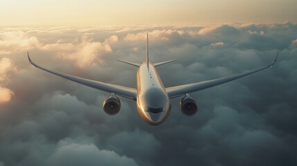 A commercial airplane flying in the early morning sky, with soft light reflecting off the wings and fuselage