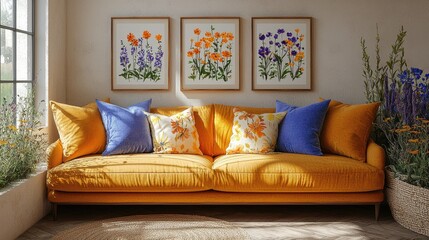 A cozy living room featuring an orange sofa adorned with colorful floral pillows and artwork.
