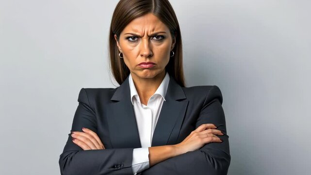 Businesswoman expressing frustration through intense gaze and crossed arms gesture