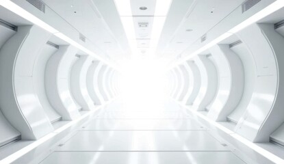 Obraz premium a close up of a white tunnel with a light at the spaceship hallway background