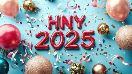 Naklejka premium Bright and Elegant Studio Shot Showcasing HNY 2025 Celebration with Colorful Balloons and Confetti