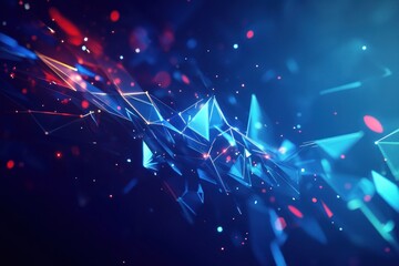Abstract blue and red glowing particles and geometric shapes.