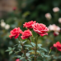 Obraz premium Natural earth tones, blurred bokeh effect Roses in a garden, sharp focus on the roses, soft blurred background using browns, beiges, and muted colors, emphasizing a natural feel