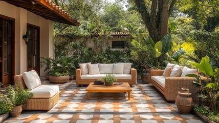 Fototapeta premium backyard uncovered patio area with tan and white checkered flooring